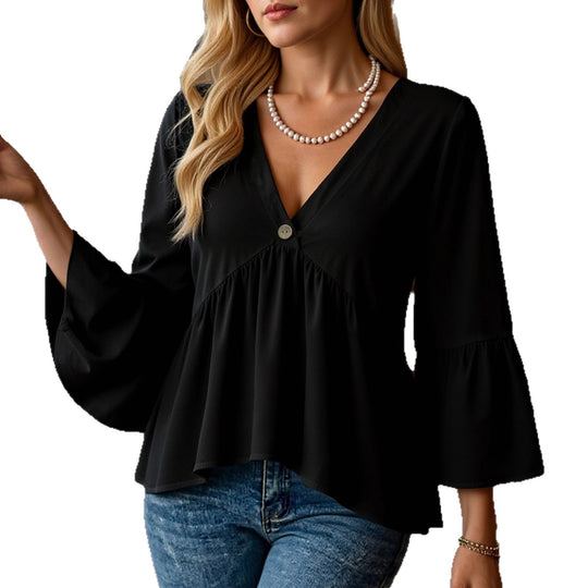 Damen Tunika‑Bluse mit V‑Ausschnitt, geraffter Empire‑Naht und Trompetenärmeln Shop Nory
