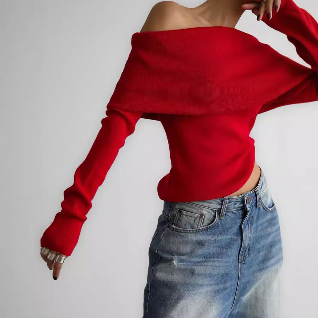 Damen Elegantes Off-Shoulder Oberteil mit geschmeidiger Textur und ausgestellten Ärmeln