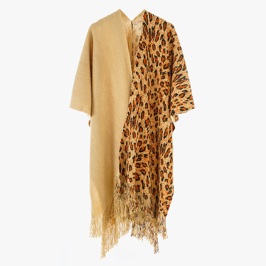 Damen Zweifarbiger Wollmix-Mantelponcho im Kimono-Schnitt mit Animal-Jacquard und Fransensaum Shop Nory
