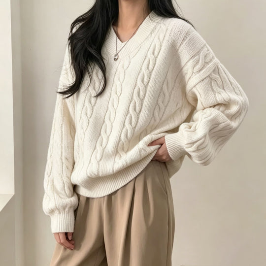 Damen Oversize Zopfmuster V-Ausschnitt Strickpullover mit überschnittener Schulter Shop Nory
