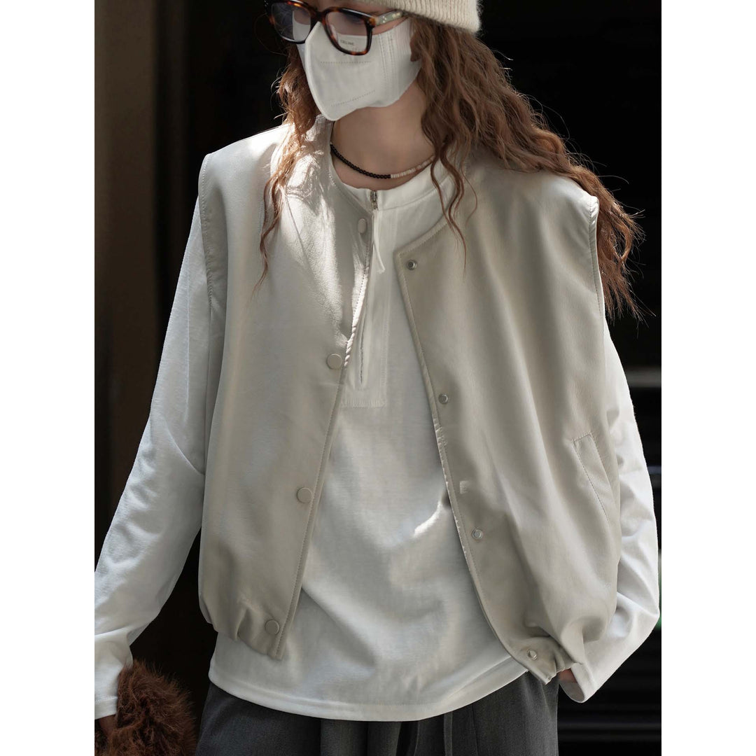 Damen Ärmellose Lederimitat-Weste mit Druckknopfverschluss und lockerer Layering-Silhouette Shop Nory