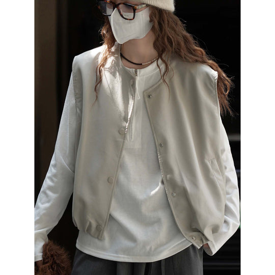 Damen Ärmellose Lederimitat-Weste mit Druckknopfverschluss und lockerer Layering-Silhouette Shop Nory