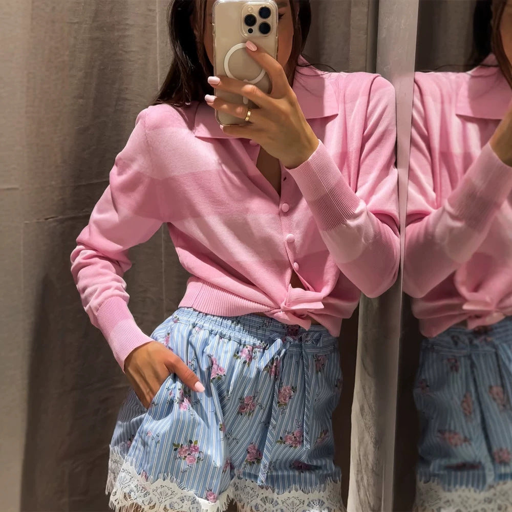 Damen Leichter Kurzcardigan mit Hemdkragen, bezogenen Knöpfen & Knotenbund Shop Nory