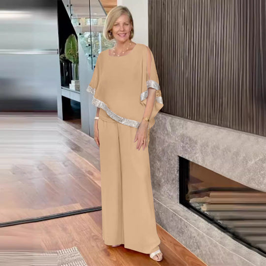 Damen elegantes Zweiteiler-Outfit mit luftiger Bluse und weitem Hosenstil Shopnory