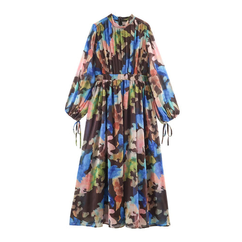 Damen Plissiertes Chiffon-Midikleid mit Aquarellprint, taillierter Silhouette und Ballonärmeln Shop Nory