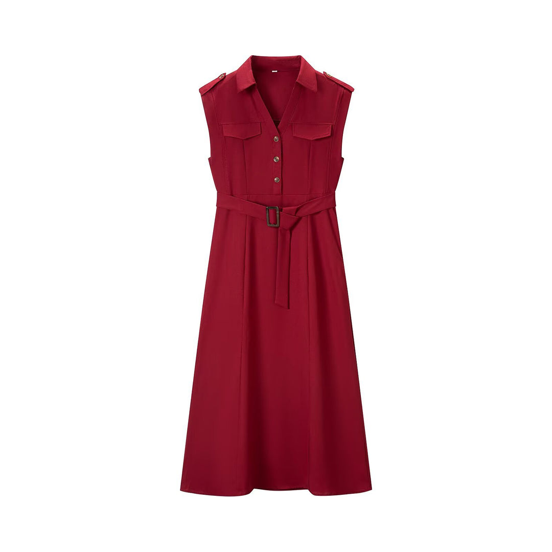 Damen Ärmelloses Hemdblusenkleid mit Taillengürtel, Brusttaschen und Reverskragen Shop Nory