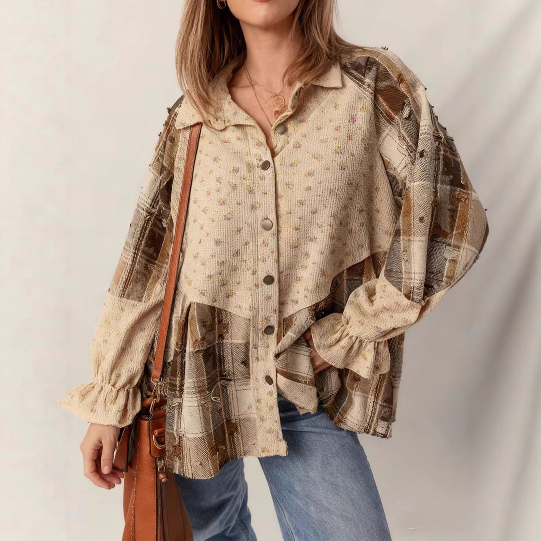 Damen Patchwork-Bluse-Jacke mit plissiertem Saum und Knopfleiste Shop Nory