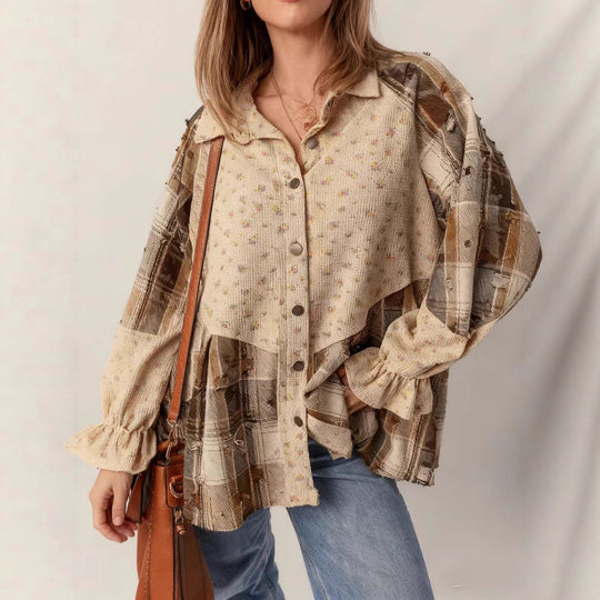 Damen Patchwork-Bluse-Jacke mit plissiertem Saum und Knopfleiste Shop Nory