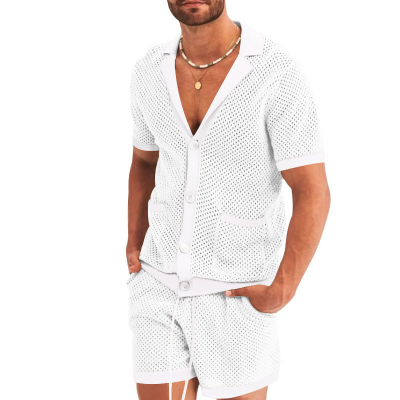 Herren nan offener Netzstrick-Cardigan mit passenden Kordelzug-Shorts