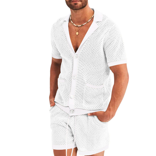 Herren nan offener Netzstrick-Cardigan mit passenden Kordelzug-Shorts