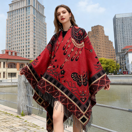 Damen Gewebter Kimono-Poncho mit Ornamentjacquard, V-Ausschnitt und Fransensaum Shop Nory