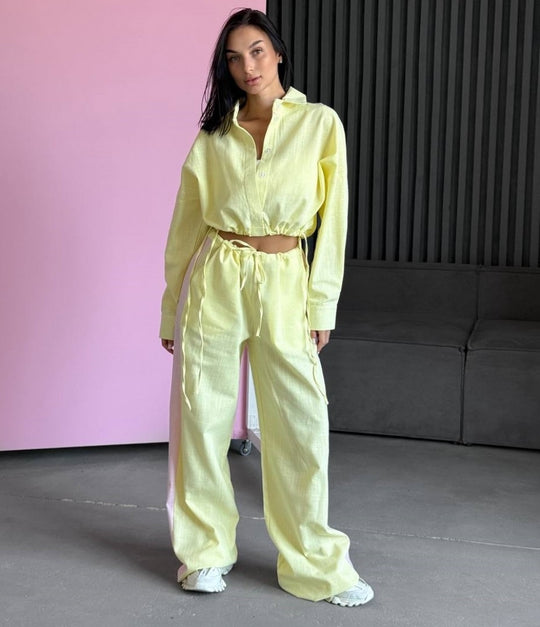 Damen kurzes Hemd mit Kordelzug und weite hochgeschnittene Leinenhose Set Shop Nory