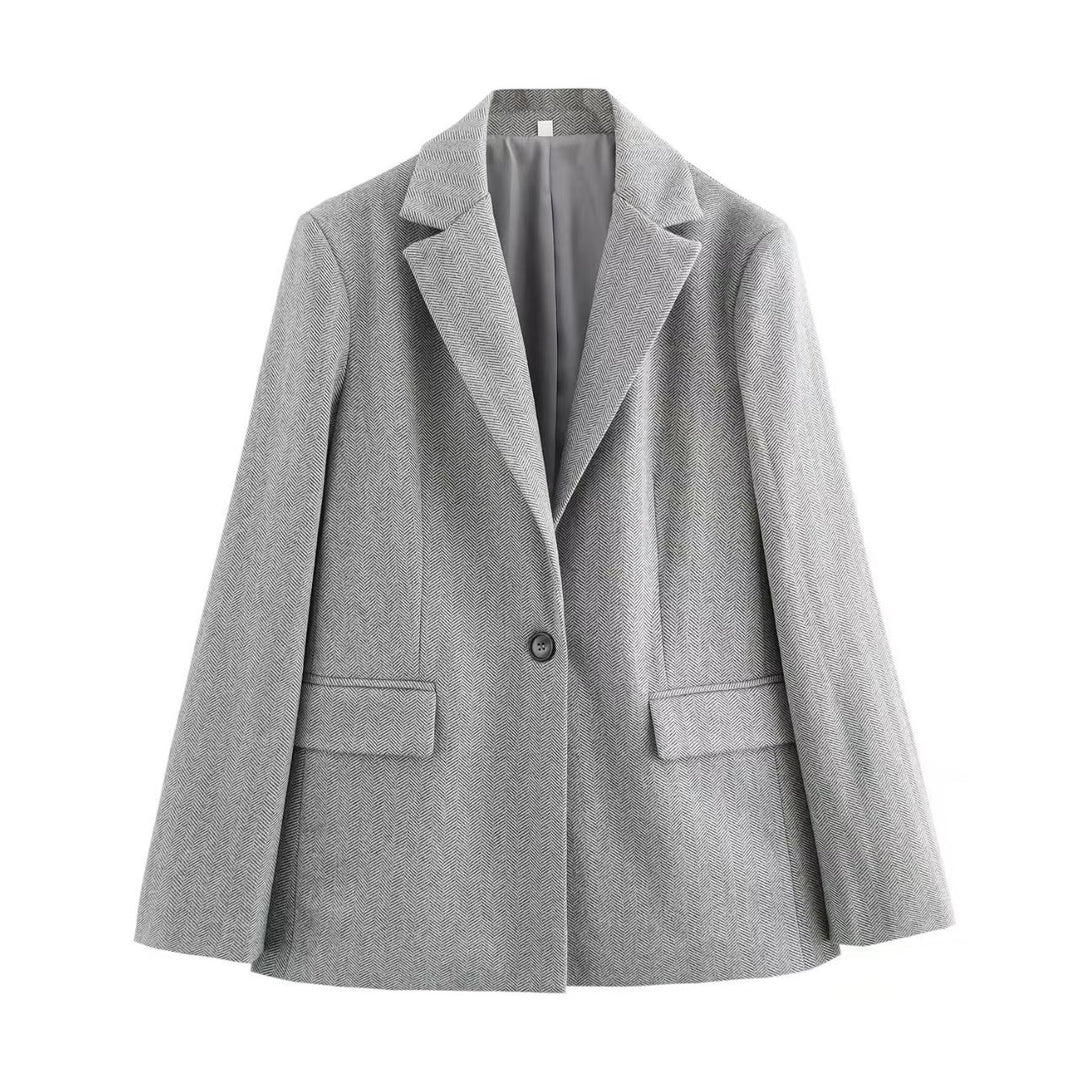 Damen Einreihiger Blazer mit Fischgrätmuster, Reverskragen und Pattentaschen Shop Nory