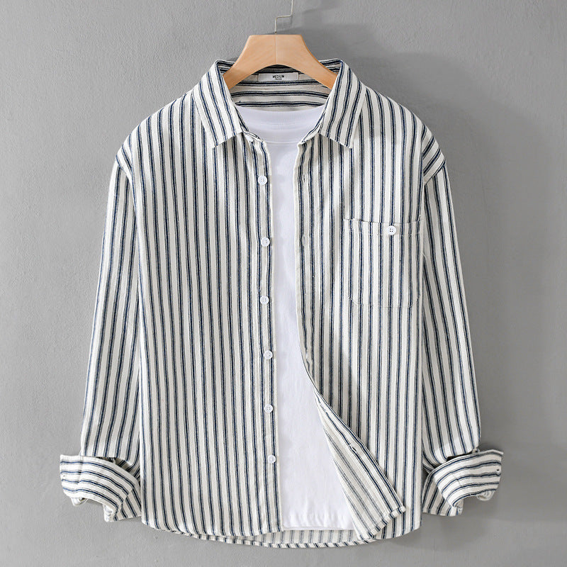 Herren Leichtes gestreiftes Layering-Overshirt aus Leinen-Baumwollmix mit Brusttasche und abgerundetem Saum Shop Nory