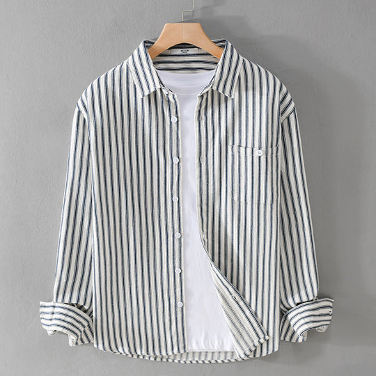 Herren Leichtes gestreiftes Layering-Overshirt aus Leinen-Baumwollmix mit Brusttasche und abgerundetem Saum Shop Nory