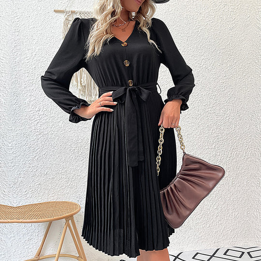 Damen Midikleid mit V-Ausschnitt, tailliertem Bindegürtel und plissiertem Tellerrock Shop Nory