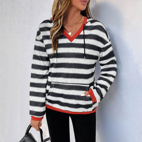 Damen Pullover-Hoodie im Ringelstrick mit V-Ausschnitt, Kängurutasche und Kontrastbündchen Shop Nory