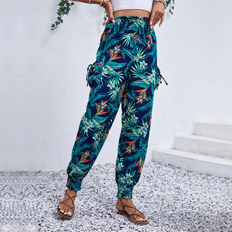 Damen Tropische Cargo-Haremshose mit Smokbund und Seitentaschen Shop Nory