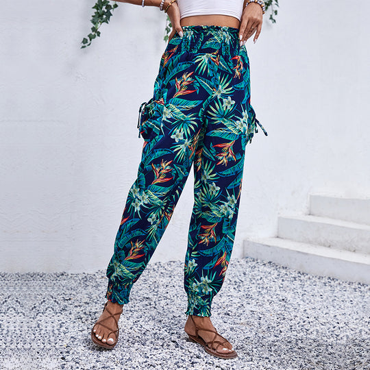 Damen Tropische Cargo-Haremshose mit Smokbund und Seitentaschen Shop Nory