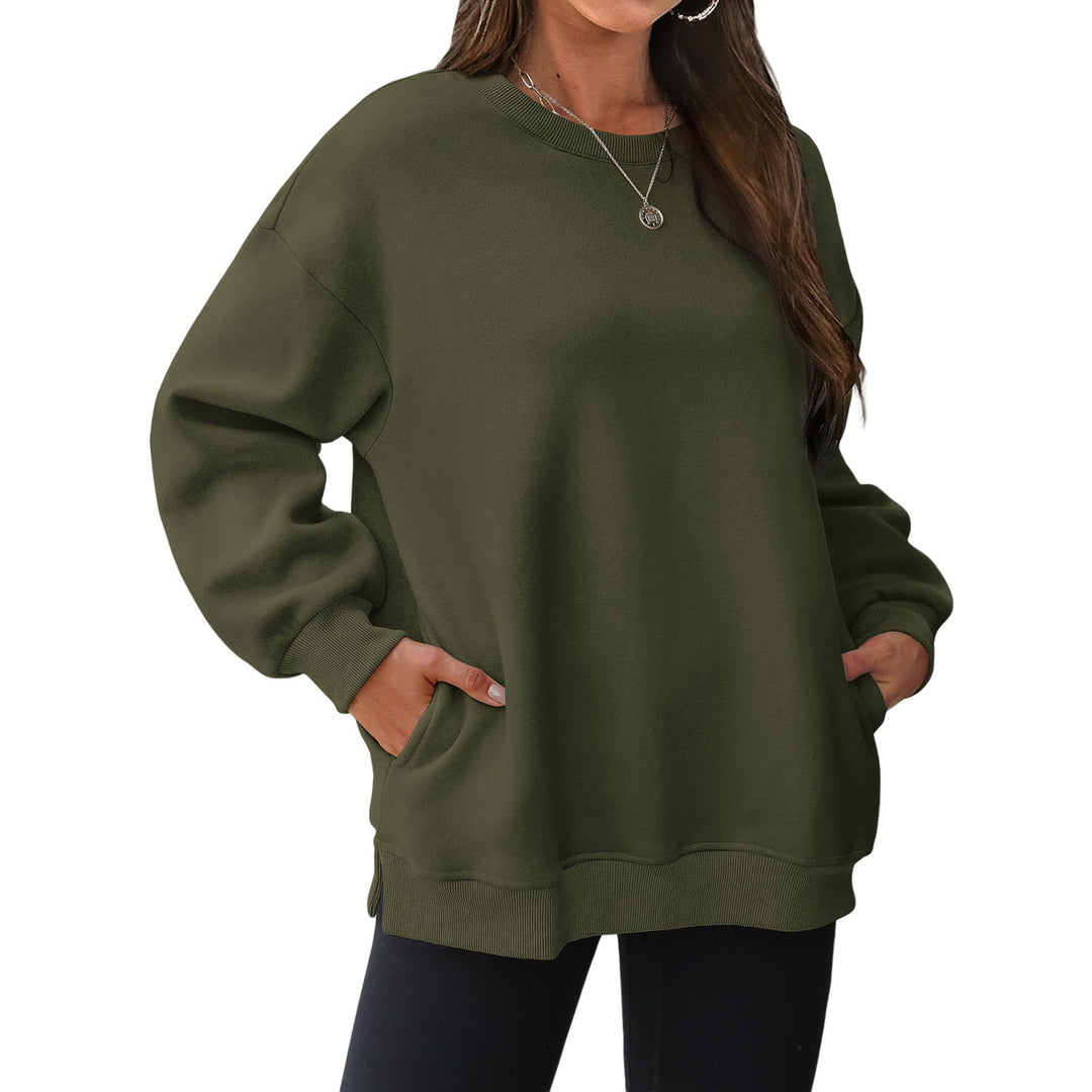 Damen nan verlängertes Oversize Rundhalspullover mit seitlichen Eingrifftaschen, Rippbündchen und überschnittener Schulter Shop Nory