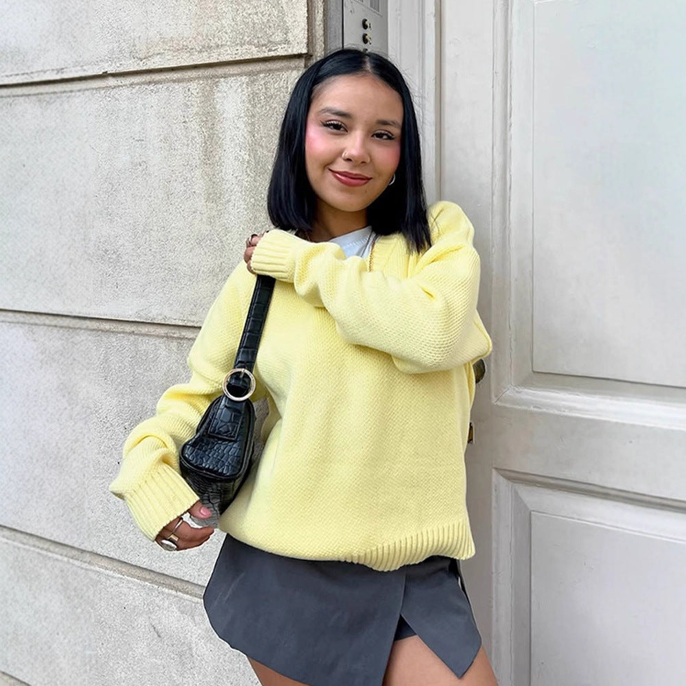 Damen Oversize V-Ausschnitt Feinstrickpullover mit strukturierter Maschenoptik und gerippten Bündchen Shop Nory