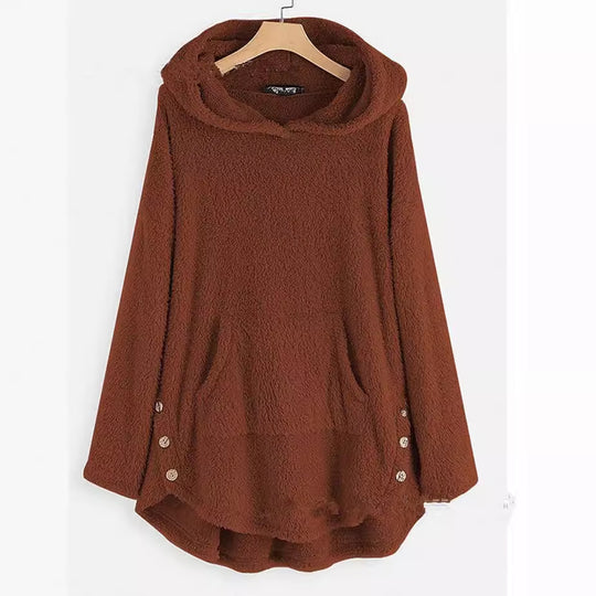 Damen nan kuscheliger Teddy-Kapuzenpullover mit Kängurutasche, Knopfleiste an den Seiten und abgerundetem Saum Shop Nory