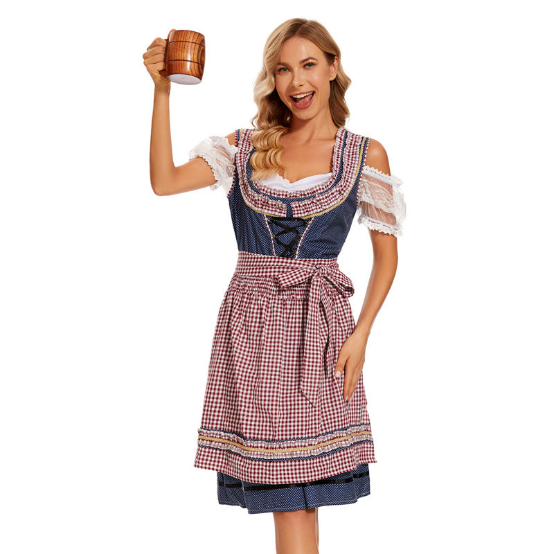 Damen nan traditionelles Dirndlkleid mit kariertem Schürzenrock, Schnürung und Spitzenärmeln Shop Nory