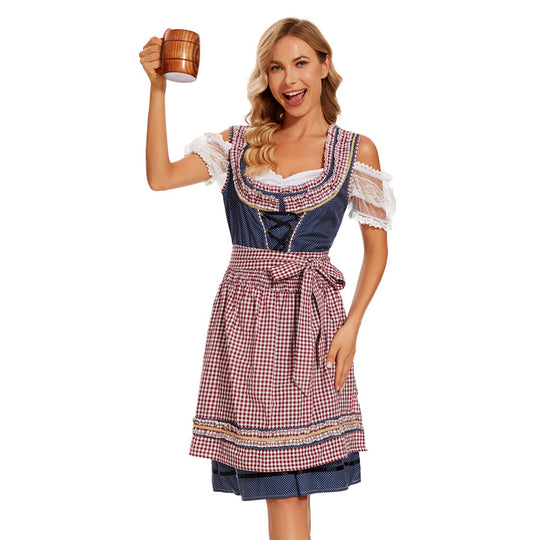 Damen nan traditionelles Dirndlkleid mit kariertem Schürzenrock, Schnürung und Spitzenärmeln Shop Nory