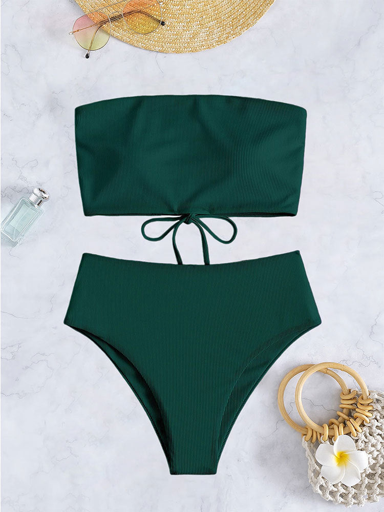 Damen Bandeau-Bikini mit hohem Bund und Rippdesign