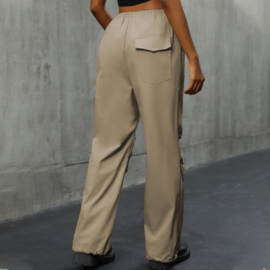 Damen Locker geschnittene Utility-Hose mit hohem Gummibund, Tunnelzug-Saum & verdeckter Knopfleiste Shop Nory