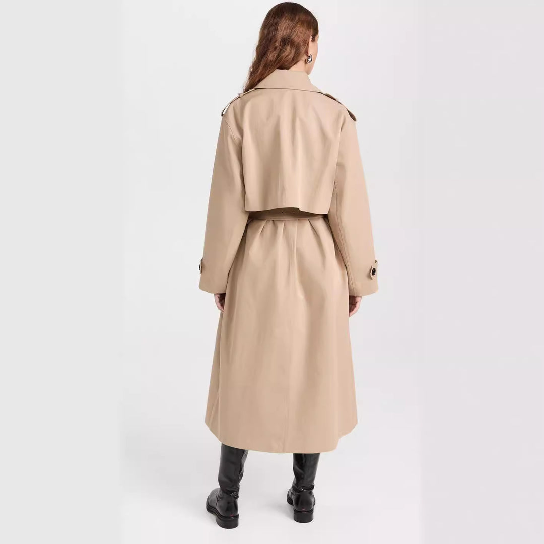Damen Langer Trenchcoat aus Baumwollmix mit doppelreihiger Knopfleiste, Taillengürtel und Schulterklappen Shop Nory