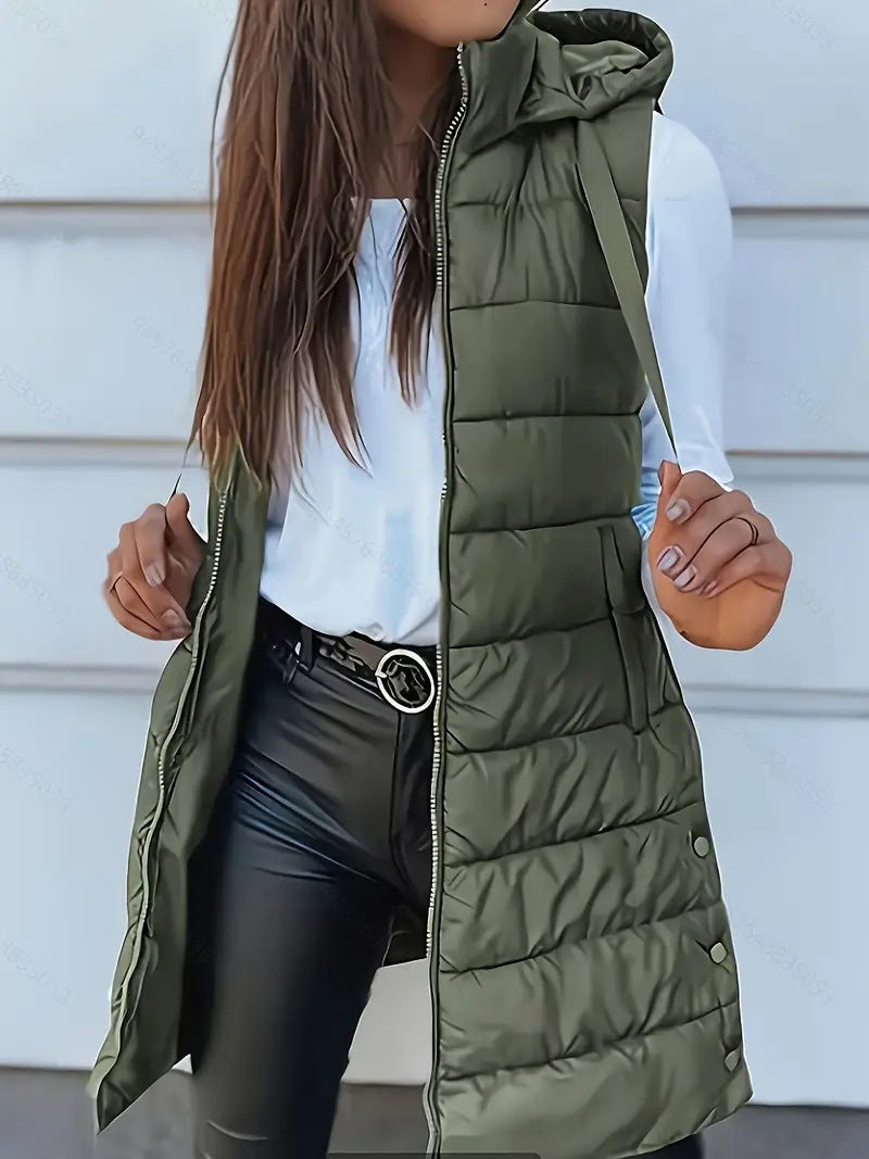 Damen Stylische gesteppte Weste mit Kapuze und langen Schnitt