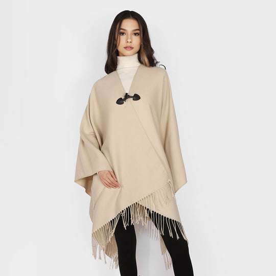 Damen Leichter Wasserfall‑Poncho mit Knebelverschluss, asymmetrischem Saum und Fransenkante Shop Nory