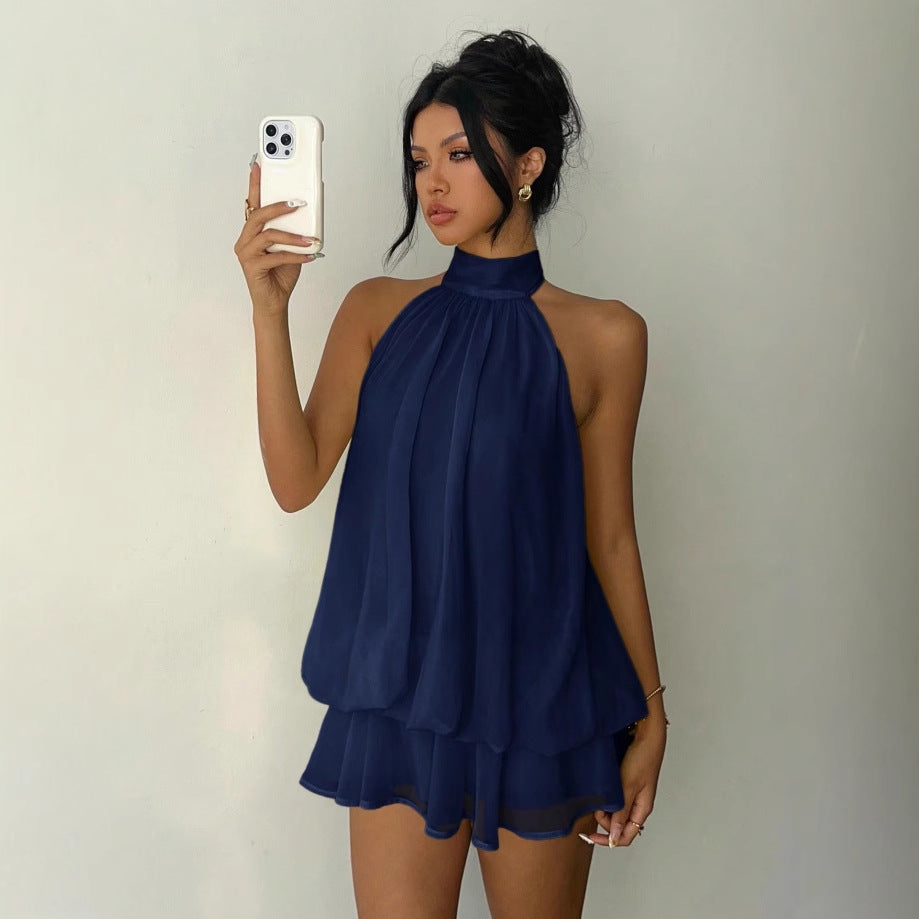 Damen Ärmelloser Chiffon-Playsuit mit hohem Stehkragen, gerafftem Oberteil und Stufen-Shorts Shop Nory