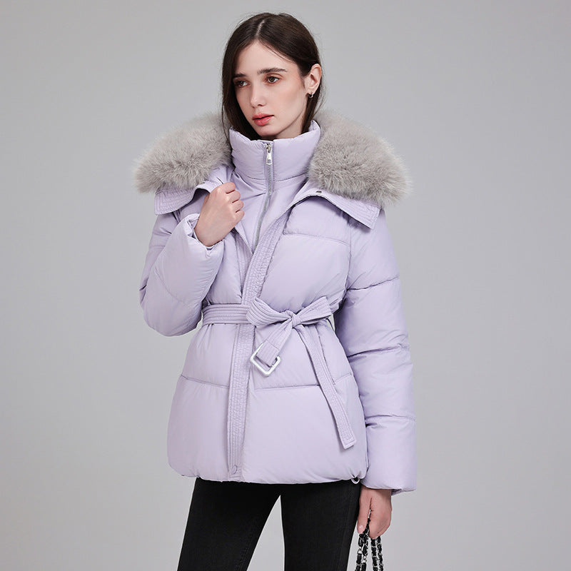 Damen nan luxuriöse kurze Pufferjacke mit integriertem Windschutzkragen und Taillengürtel Shop Nory