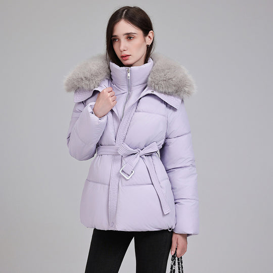 Damen nan luxuriöse kurze Pufferjacke mit integriertem Windschutzkragen und Taillengürtel Shop Nory