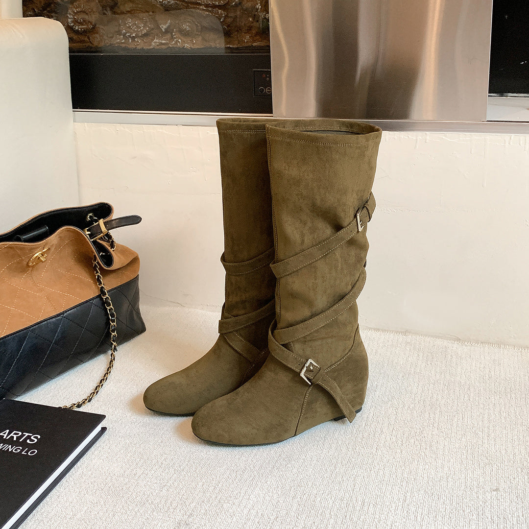 Damen Kniehohe Velourslederstiefel mit Wickelriemen und flachem Keilabsatz Shop Nory