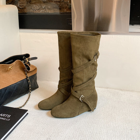 Damen Kniehohe Velourslederstiefel mit Wickelriemen und flachem Keilabsatz Shop Nory