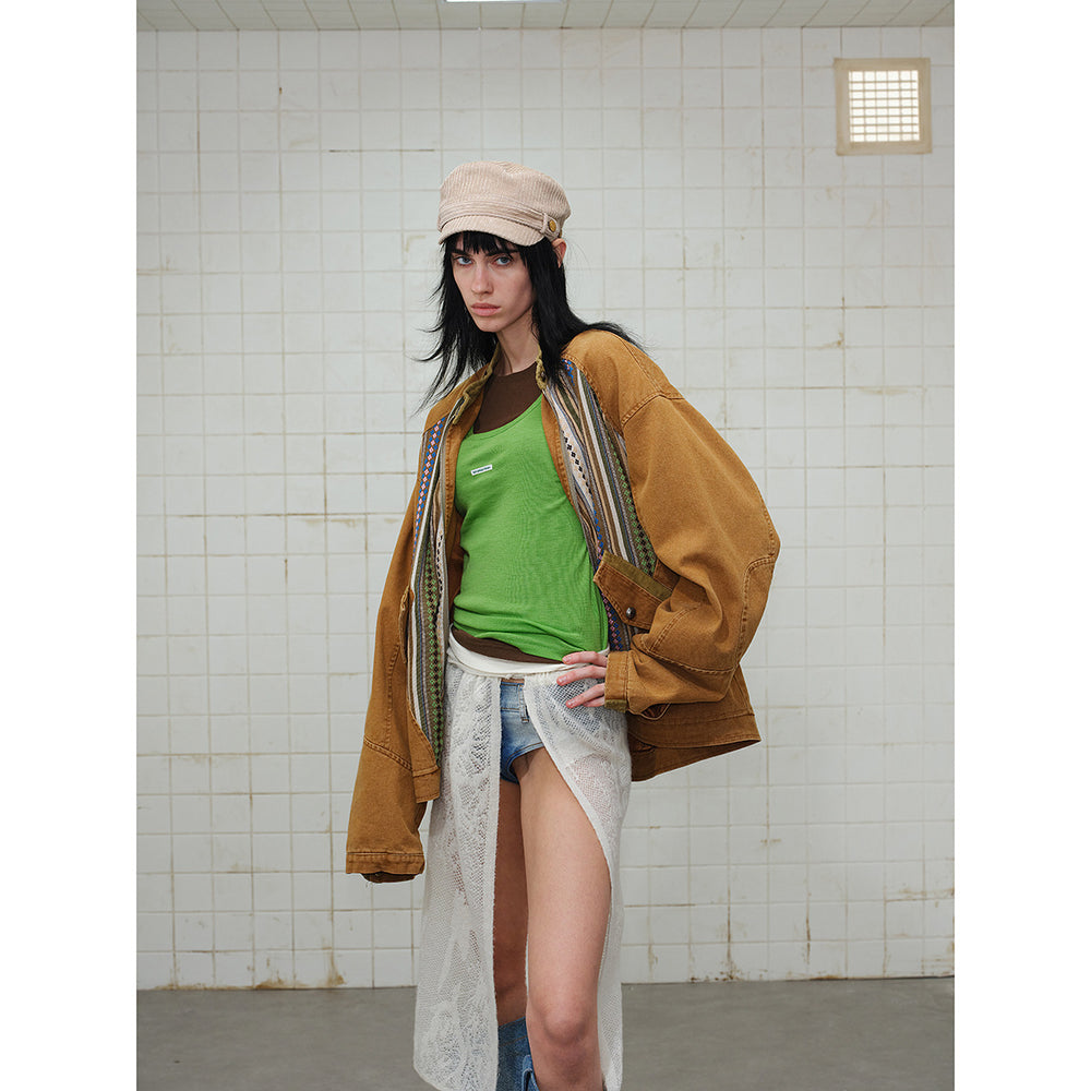 Damen kurze Baumwoll-Blousonjacke mit Ethno‑Webpaneelen und Cordbesatz Shop Nory