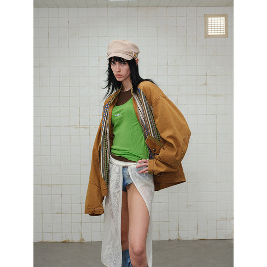 Damen kurze Baumwoll-Blousonjacke mit Ethno‑Webpaneelen und Cordbesatz Shop Nory