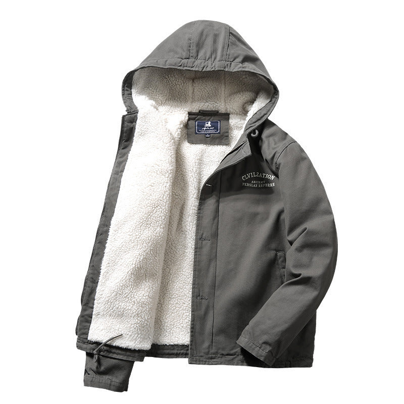 Herren Canvas-Kapuzenjacke mit Sherpa‑Fütterung, verdecktem Zweiwege‑Reißverschluss und Utility‑Details Shop Nory
