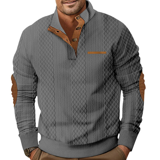 Herren Strukturiertes Kabelstrick-Sweatshirt mit Halbknopfblende, Kunstleder‑Patchtasche & Ellbogenpatches Shop Nory