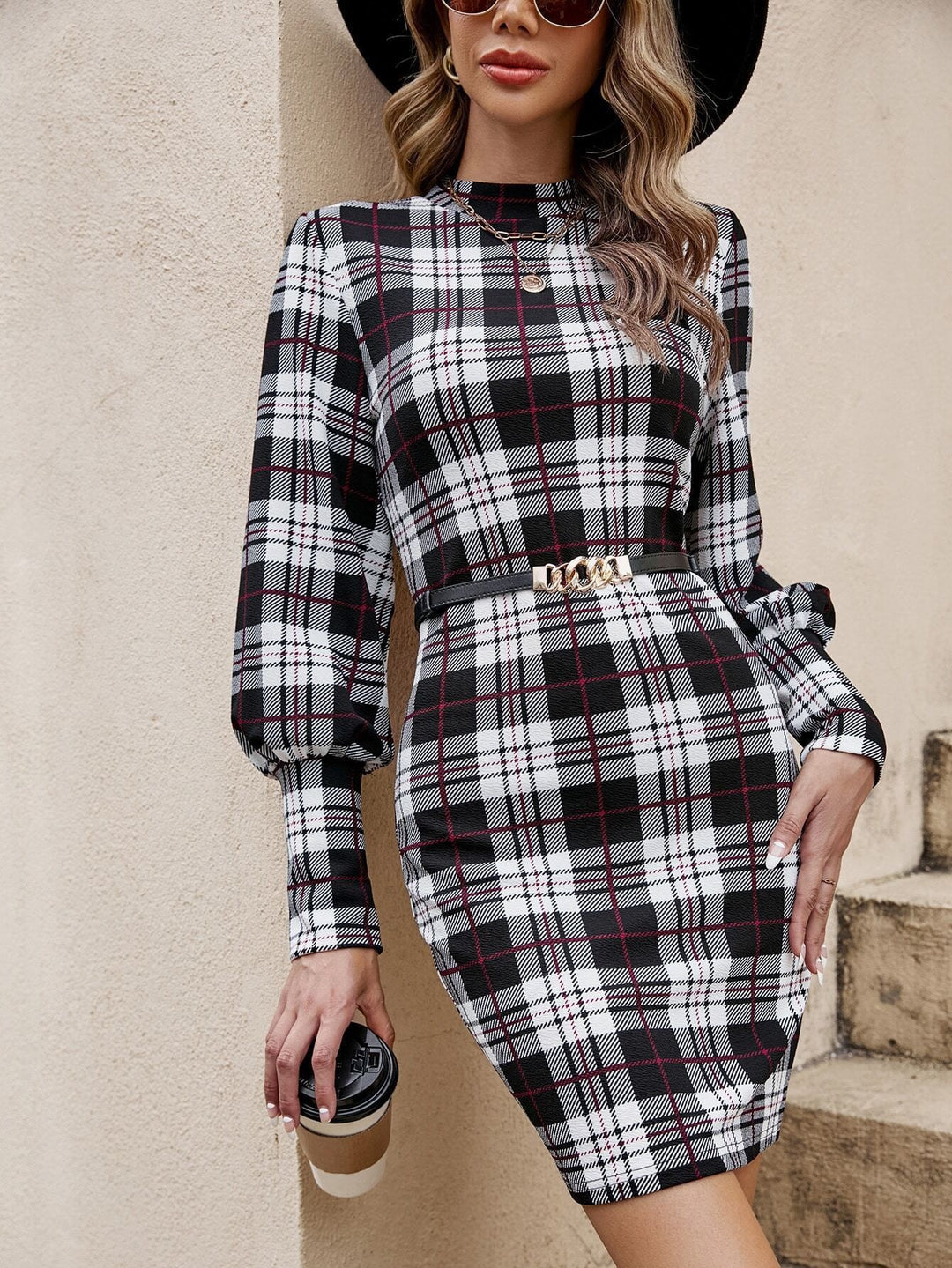 Damen Tailliertes Karo-Minikleid mit Stehkragen, Ballonärmeln und Ziergürtel Shop Nory
