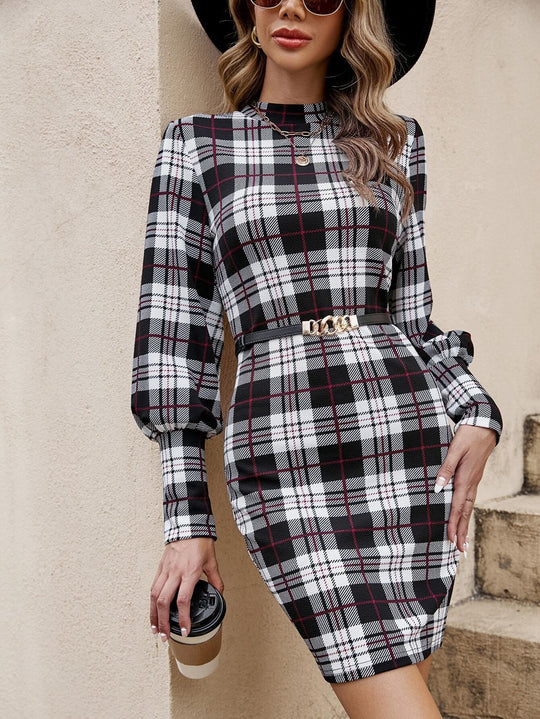 Damen Tailliertes Karo-Minikleid mit Stehkragen, Ballonärmeln und Ziergürtel Shop Nory