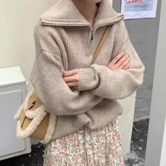 Damen Leichter Strickpullover mit hohem Kragen und Reißverschluss