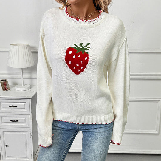 Damen Lässiger Boxy-Strickpullover mit Erdbeer‑Intarsie, geripptem Saum und Rundhalsausschnitt Shop Nory
