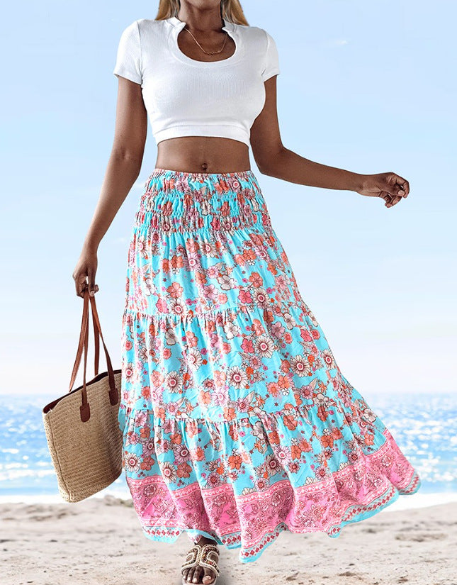 Damen Sommerlicher Maxirock mit floralen Mustern und voluminösem Saum Shopnory