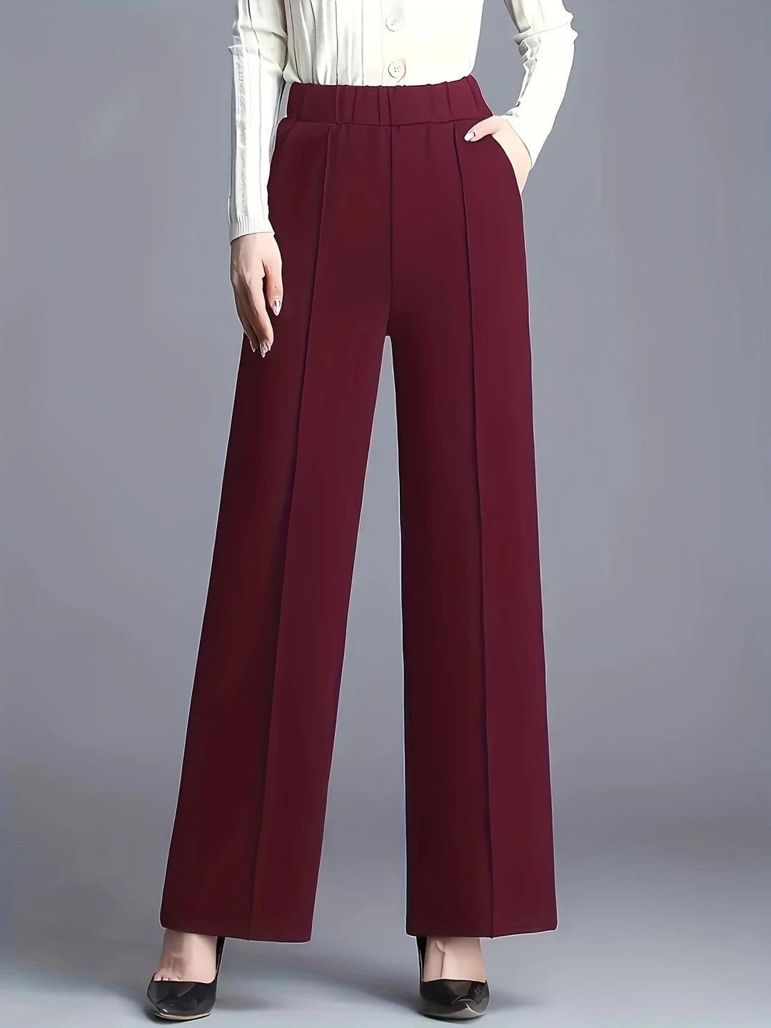 Damen High-Waist Weite Bein Stretch Crepe Plissierte Front Hose Shop Nory