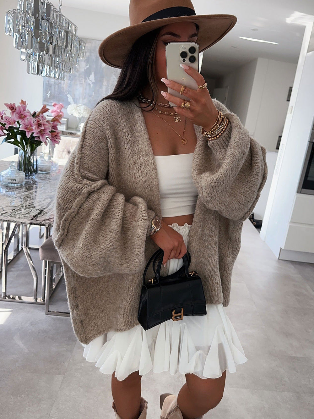Damen oversized Strickjacke mit lässigen Ballonärmeln und strukturiertem Material