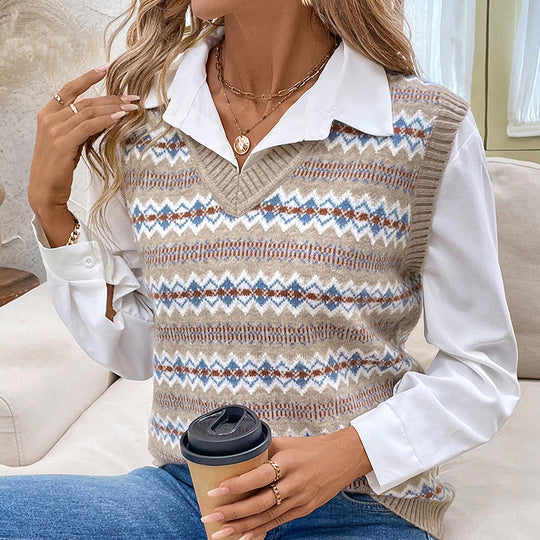 Damen Modischer Strickpullover mit V-Ausschnitt und geometrischem Muster Shop Nory